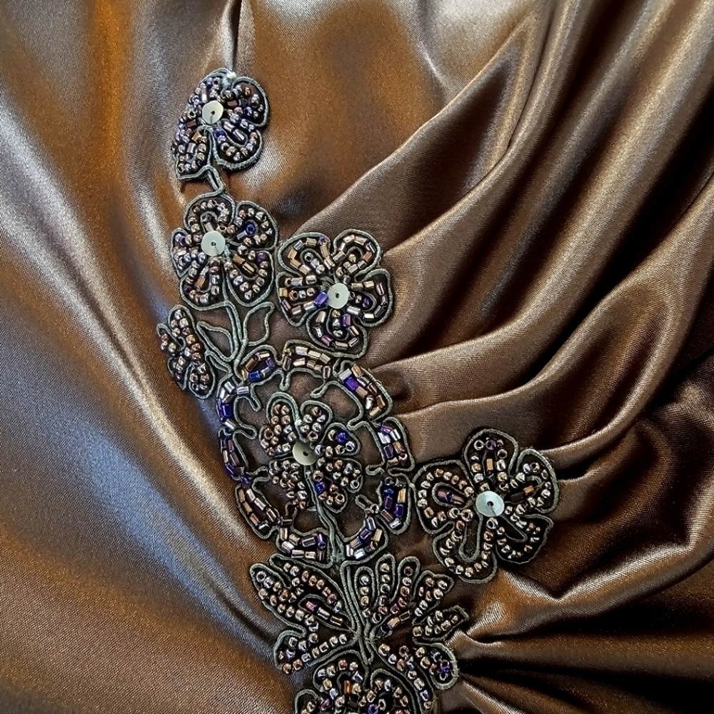 Army Green (NOT Brown) Short Strapless Satin Formal Dress with Beading Size XS - Picture 3 of 10